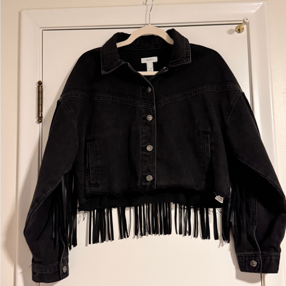 Black Fringe Denim Jacket- Size Medium